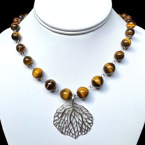 Tiger's Eye Beaded Necklace & 925 Sterling Silver Leaf Pendant 18" Link Chain